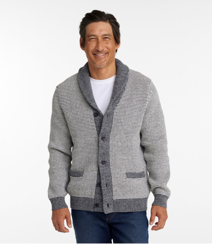 Men's Organic Cotton Sweater, Cardigan, Stripe, Gray Heather/Pale Khaki, small image number 2