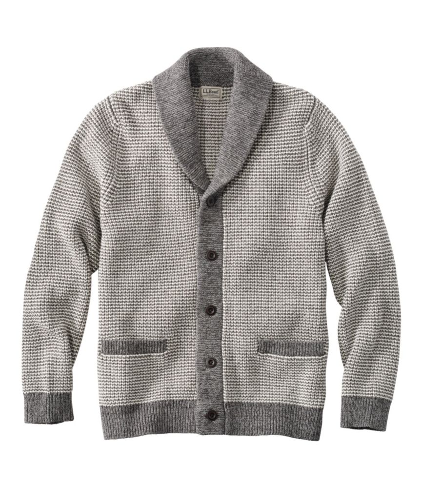 Men's Organic Cotton Sweater, Cardigan, Stripe, Gray Heather/Pale Khaki, small image number 1