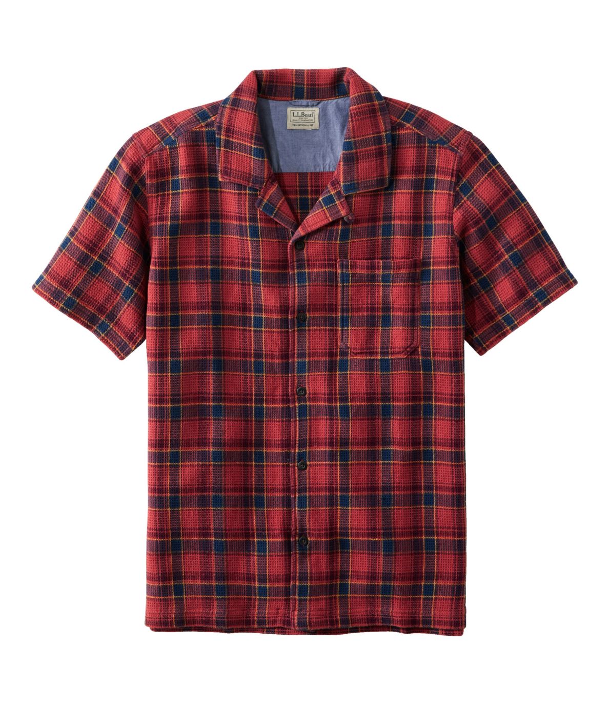 Men's Rugged Waffle Shirt, Plaid, Traditional Untucked Fit, Short-Sleeve