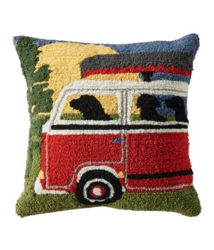 Indoor/Outdoor Hooked Pillow, Dog Bus