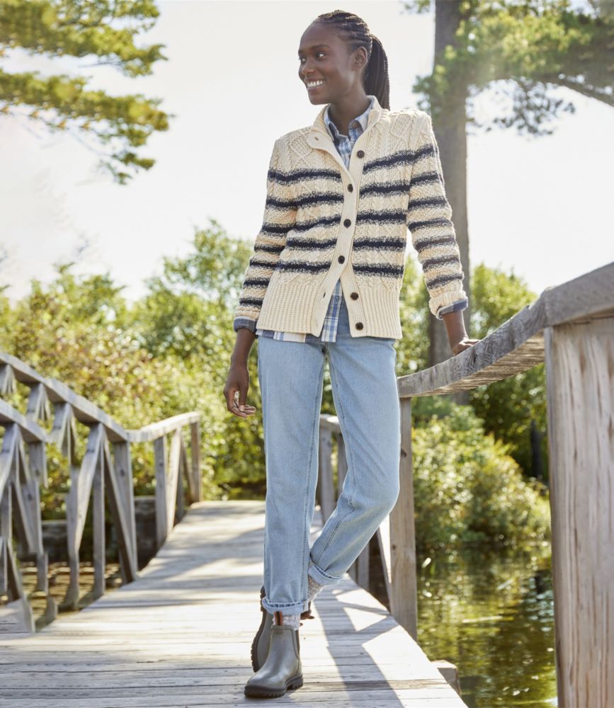 Women's Signature Cotton Fisherman Sweater, Short Cardigan Stripe