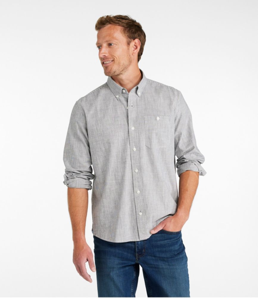 Men's Comfort Stretch Chambray Shirt, Long-Sleeve, Slightly Fitted Untucked Fit, Stripe, Dark Indigo, small image number 2