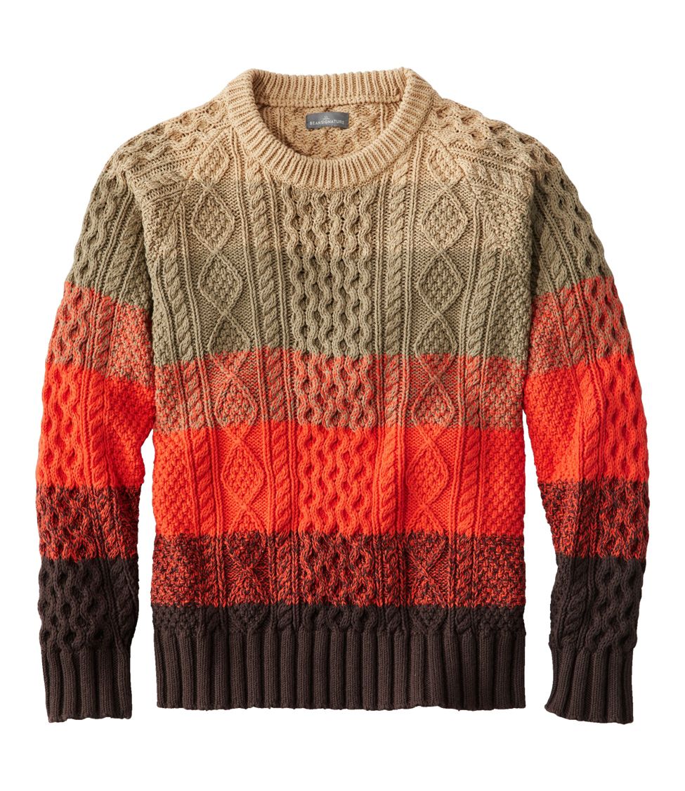 Men's Signature Cotton Fisherman Sweater, Crewneck, Stripe Darkest Brown Small, Cotton/Cotton Yarns | L.L.Bean