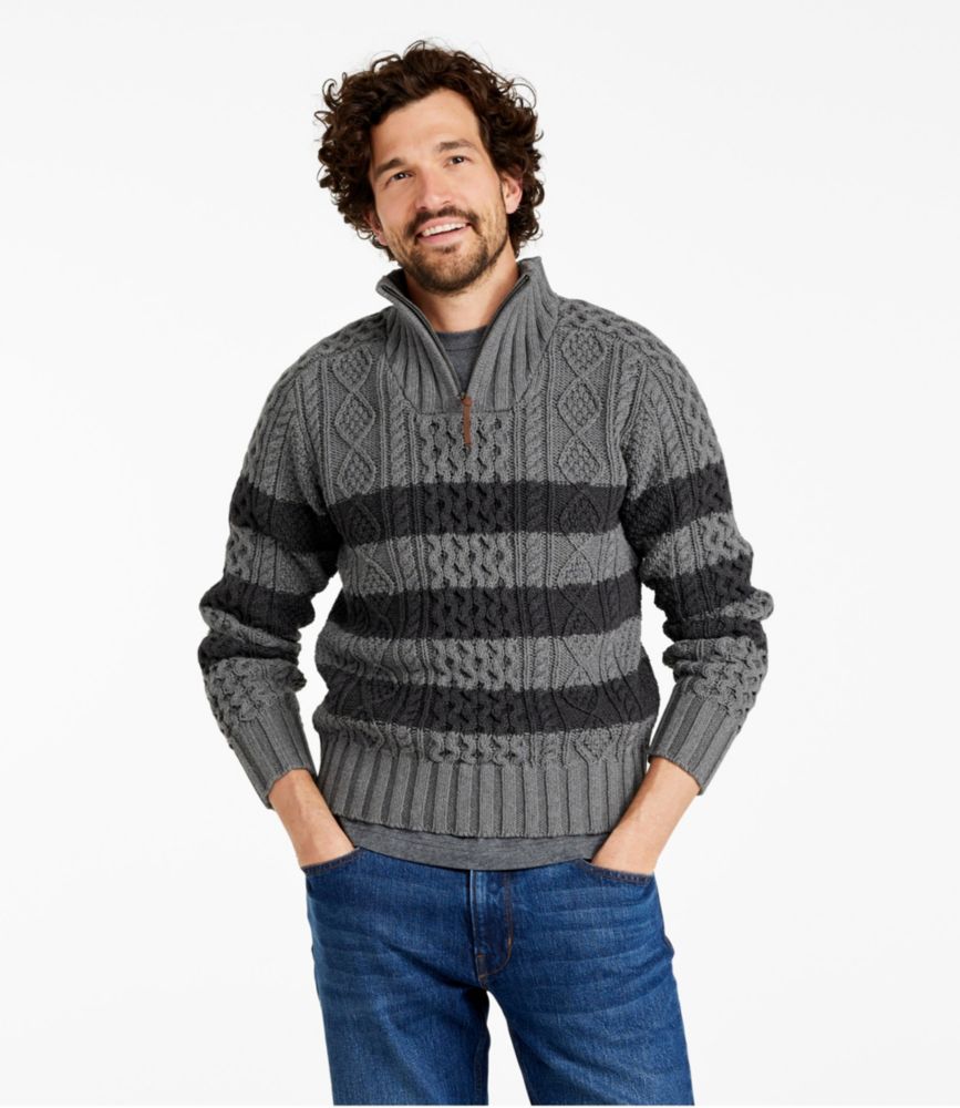 Men's Signature Cotton Fisherman Sweater, Quarter-Zip, Stripe, Gray Heather, small image number 2