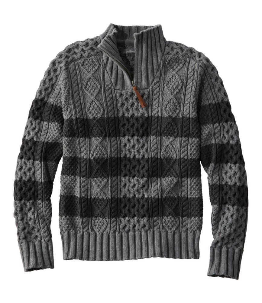 Men's Signature Cotton Fisherman Sweater, Quarter-Zip, Stripe, Gray Heather, small image number 1