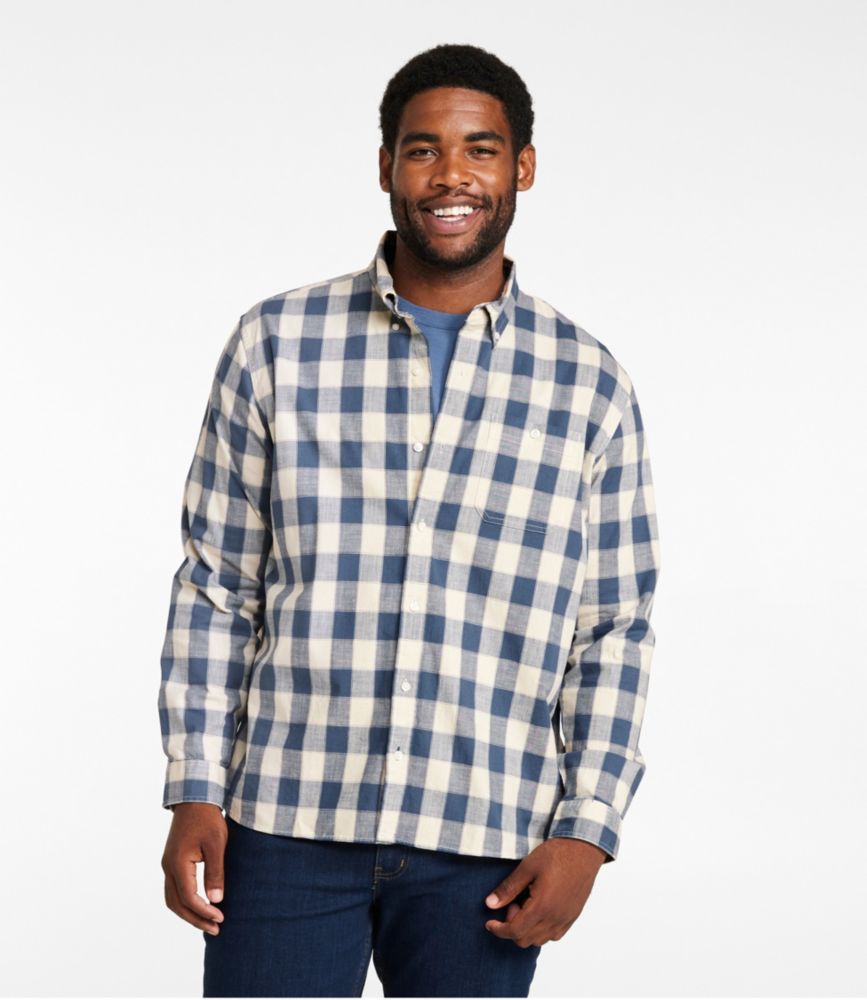 Men's Comfort Stretch Chambray Shirt, Long-Sleeve, Slightly Fitted Untucked Fit, Plaid, Bright Mariner, small image number 4