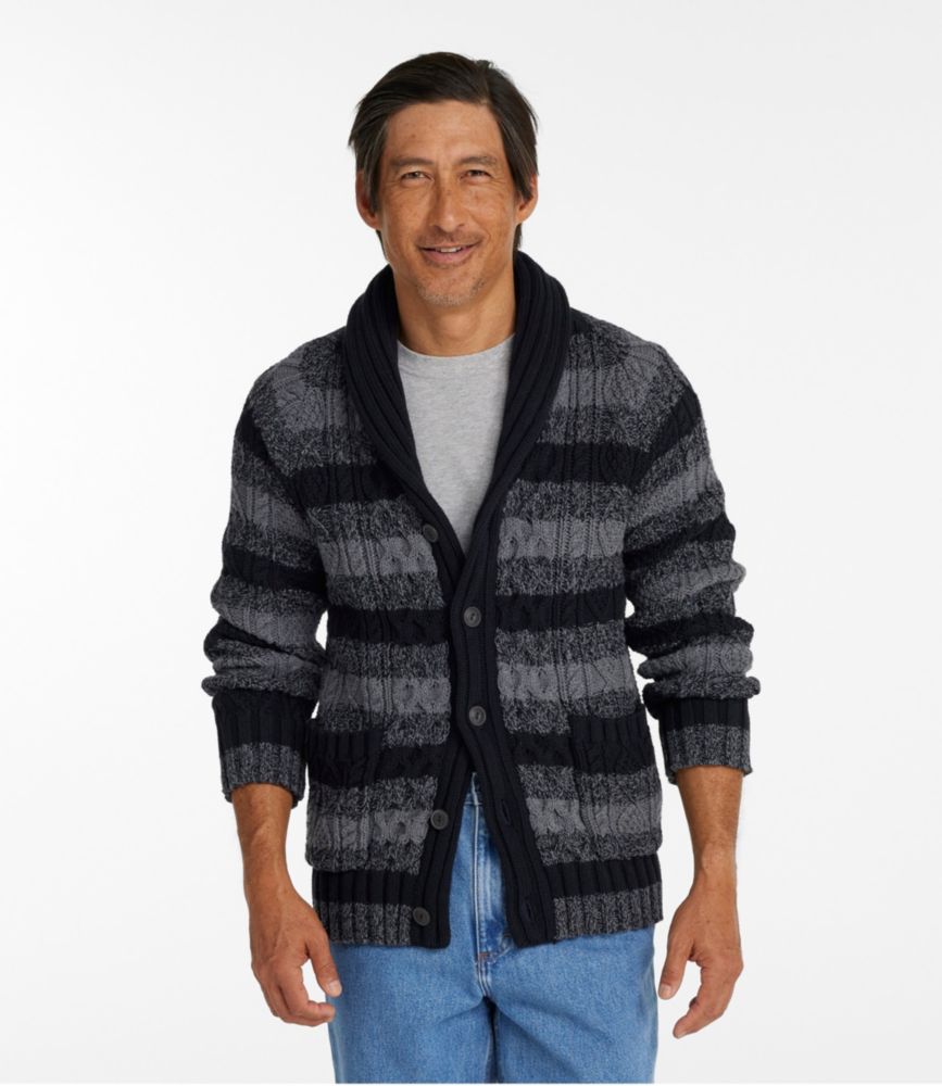 Men's Signature Cotton Fisherman Sweater, Shawl-Collar Cardigan, Stripe, Faded Black Stripe, small image number 2