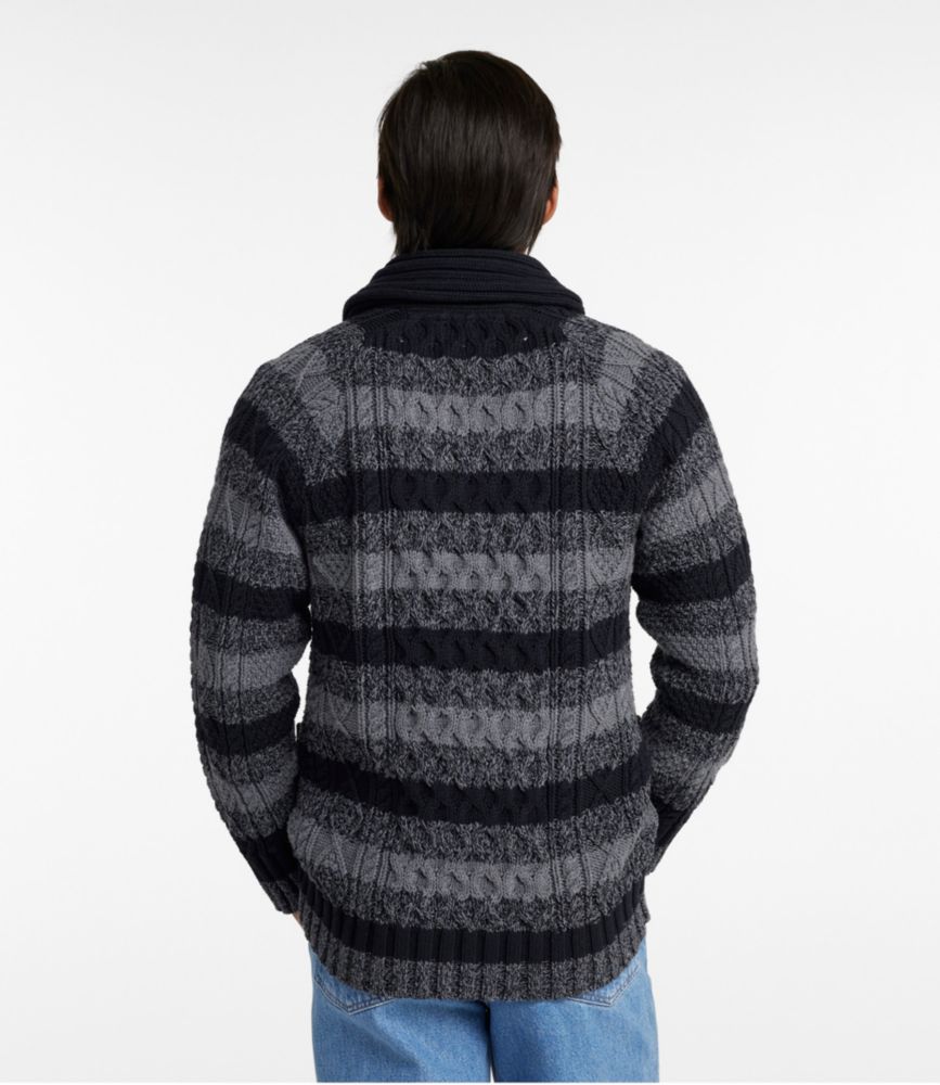 Men's Signature Cotton Fisherman Sweater, Shawl-Collar Cardigan, Stripe, Faded Black Stripe, small image number 3