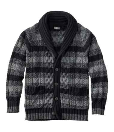Men's Signature Cotton Fisherman Sweater, Shawl-Collar Cardigan, Stripe