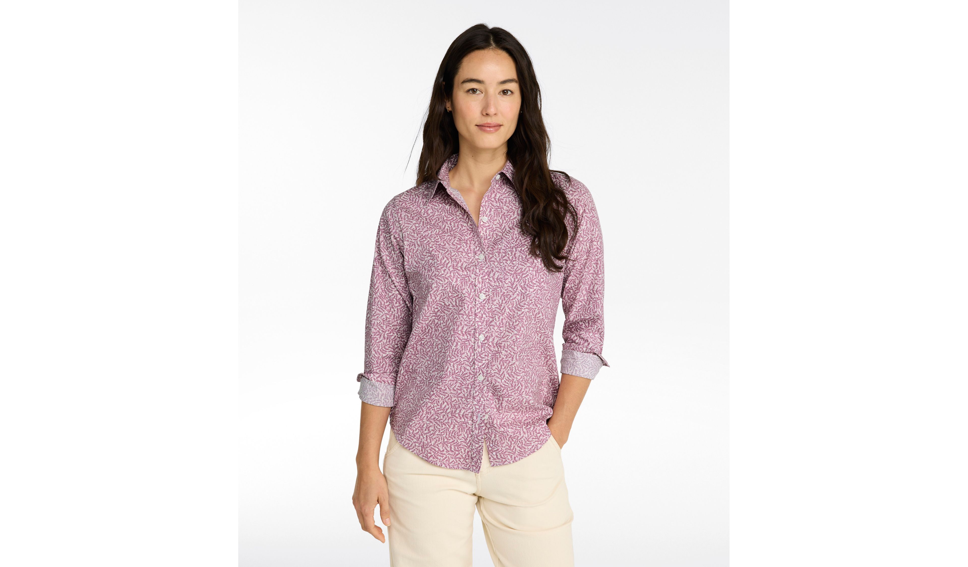 Women's Wrinkle-Free Pinpoint Oxford Shirt, Relaxed Fit Long-Sleeve Print