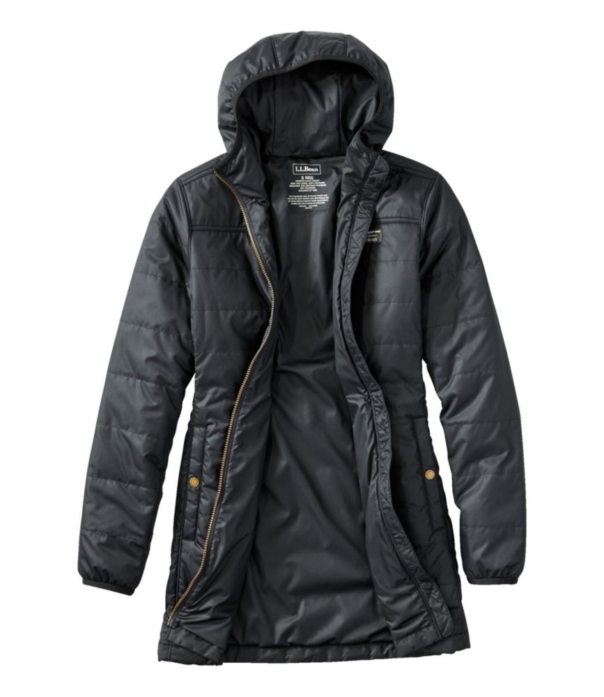 Women’s black quilted puffer coat with hood, thigh length, shown unzipped to reveal smooth insulated lining.