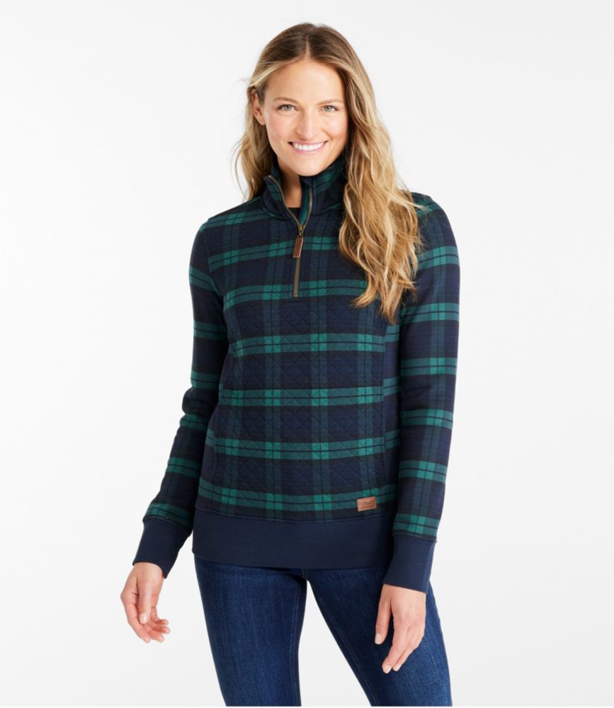 Women's Quilted Quarter-Zip Pullover, Print, Blackwatch Plaid, small image number 2