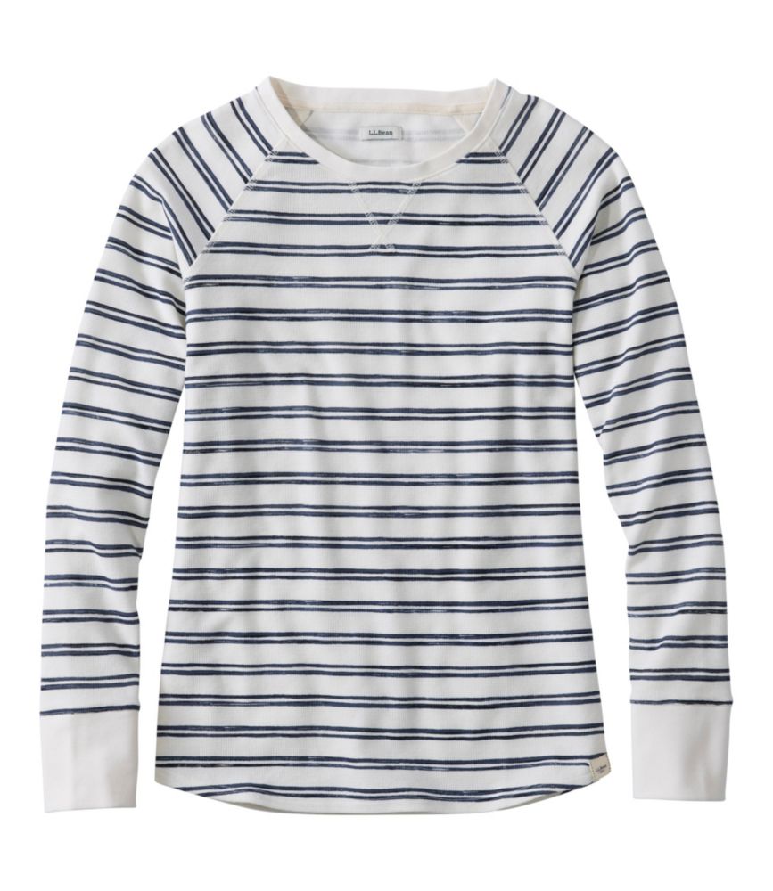 Women's Unshrinkable Mini-Waffle Tee, Long-Sleeve Crewneck Stripe