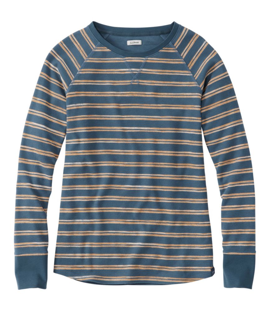 Women's Unshrinkable Mini-Waffle Tee, Long-Sleeve Crewneck Stripe