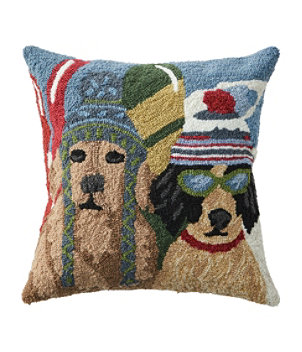 Indoor/Outdoor Hooked Pillow, Dogs Skiing