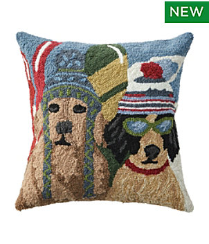 Indoor/Outdoor Hooked Pillow, Dogs Skiing