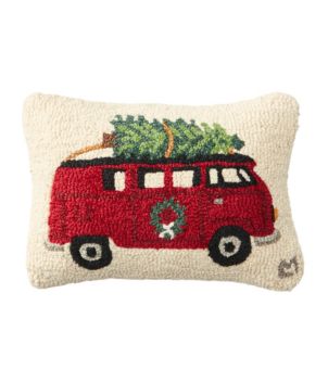 Wool Hooked Throw Pillow, Holiday Camper Van, 14" x 20"