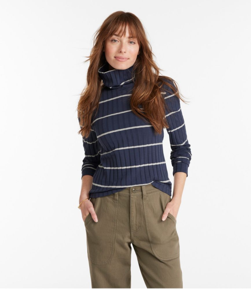 Women's Signature Ribbed Turtleneck, Stripe, Navy Stripe, small image number 2