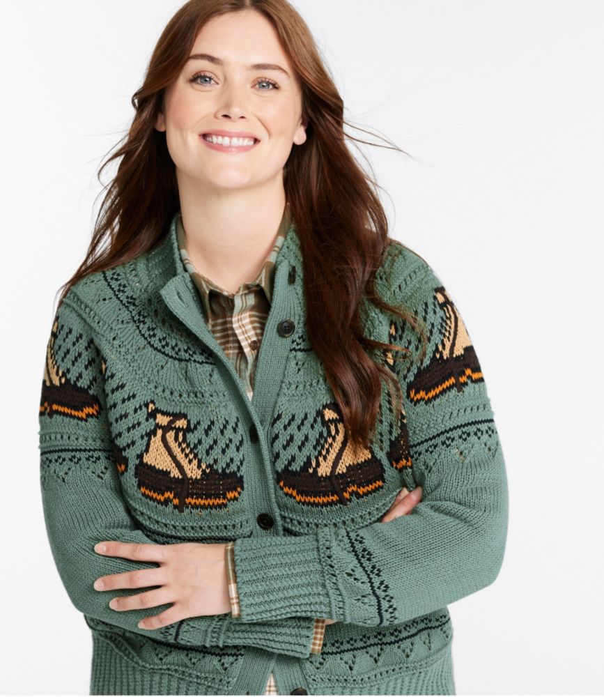 Women's Signature Cotton Fisherman Sweater, Short Cardigan Fair Isle, Beige Tree Fair Isle, small image number 2