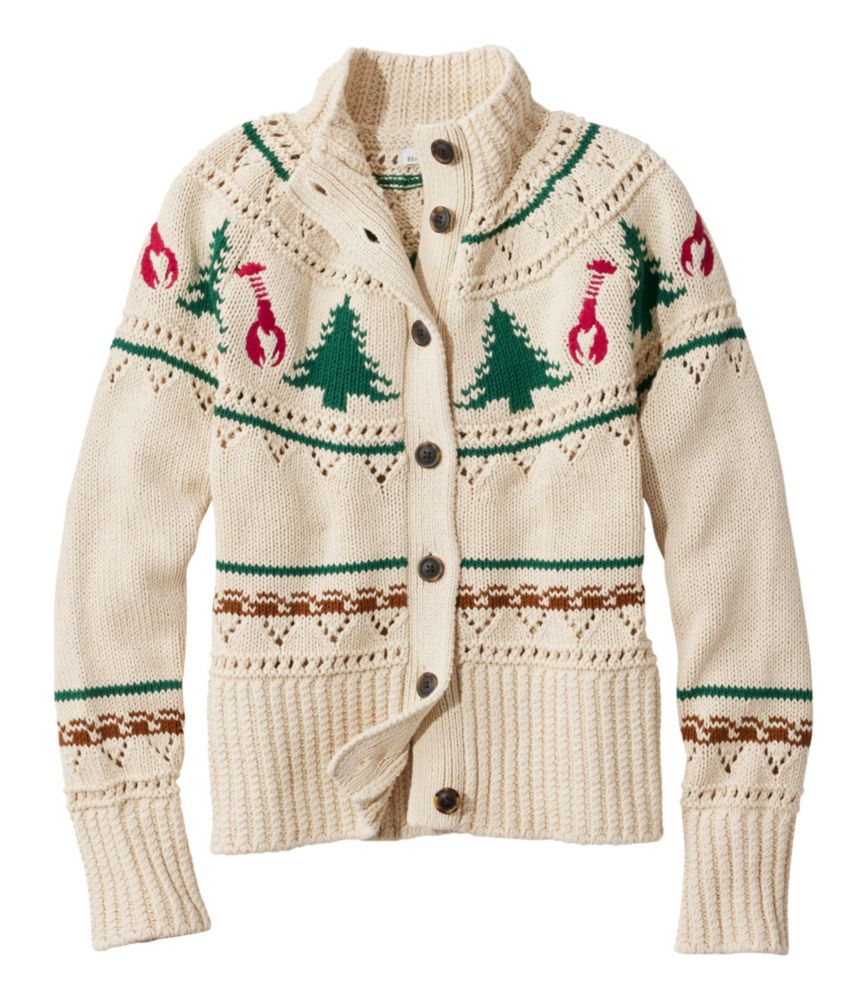 Women's Signature Cotton Fisherman Sweater, Short Cardigan Fair Isle, Beige Tree Fair Isle, small image number 1