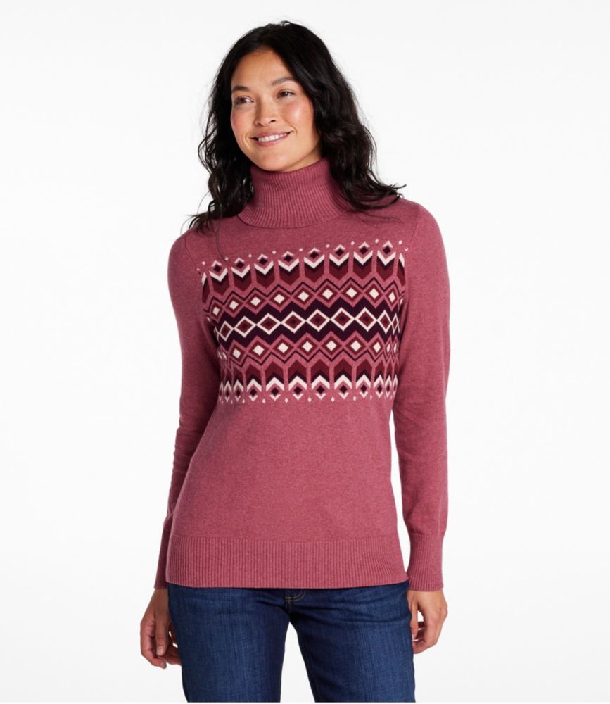 Women's Cotton/Cashmere Sweater, Turtleneck Intarsia, Dark Plum Rose Heather Fair Isle, small image number 2