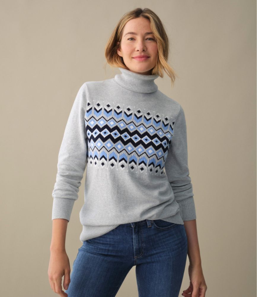 Women's Cotton/Cashmere Sweater, Turtleneck Intarsia