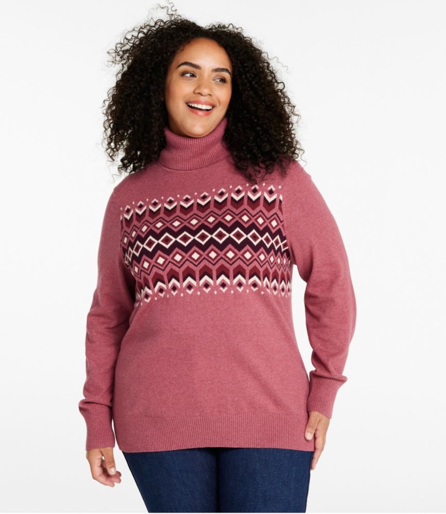 Women's Cotton/Cashmere Sweater, Turtleneck Intarsia, Dark Plum Rose Heather Fair Isle, small image number 2