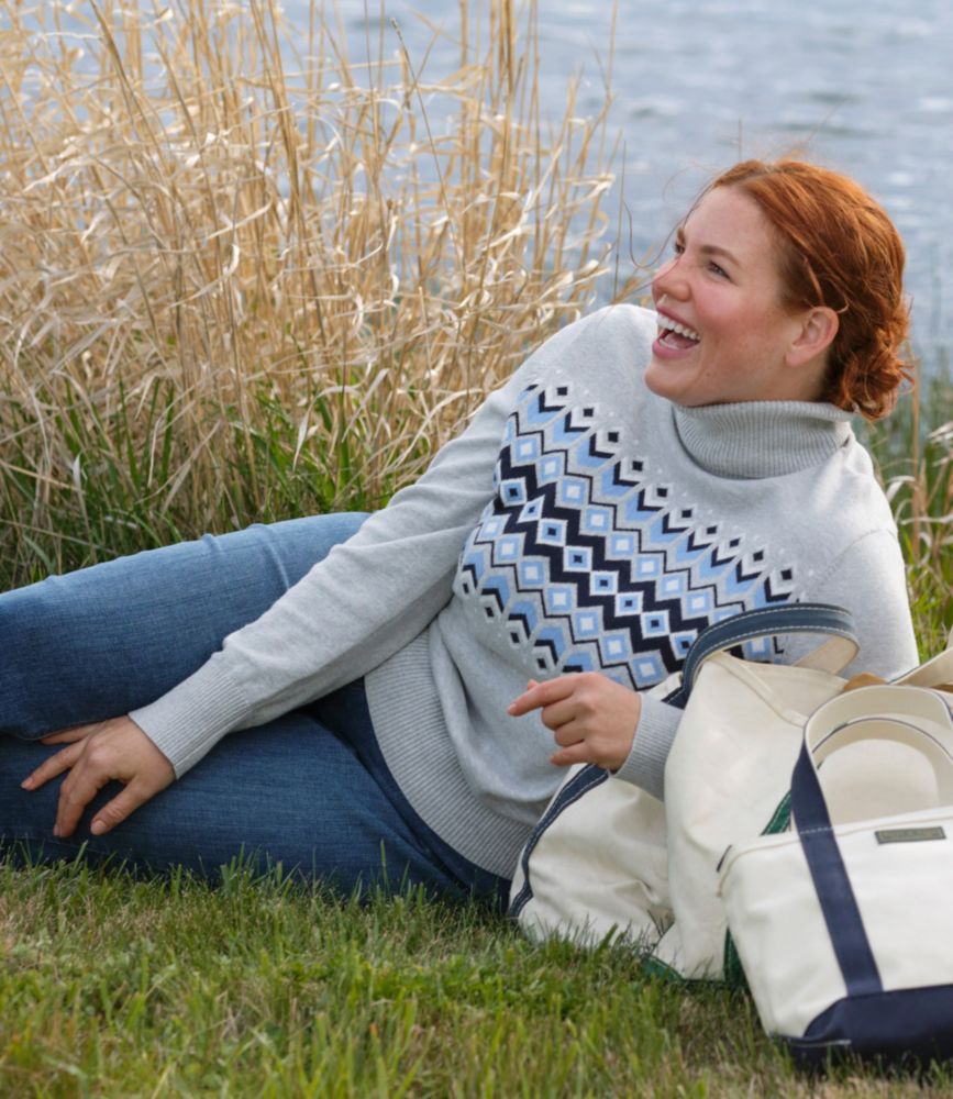 Women's Cotton/Cashmere Sweater, Turtleneck Intarsia