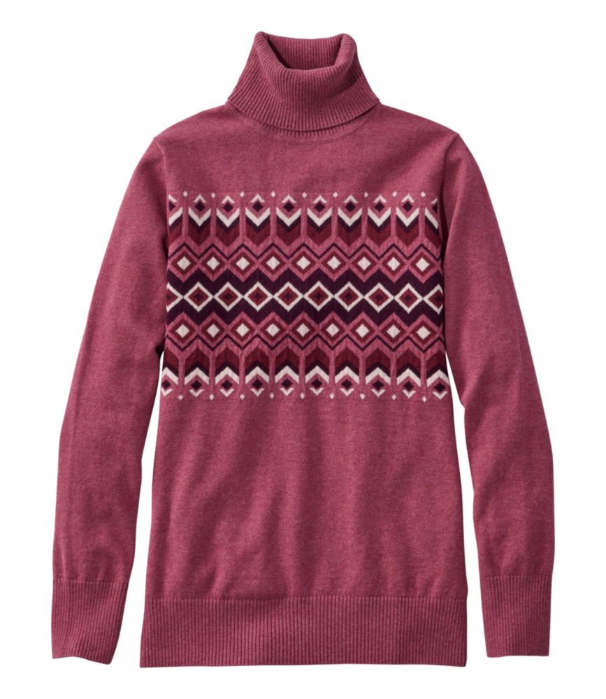 Women's Cotton/Cashmere Sweater, Turtleneck Intarsia, Dark Plum Rose Heather Fair Isle, small image number 1