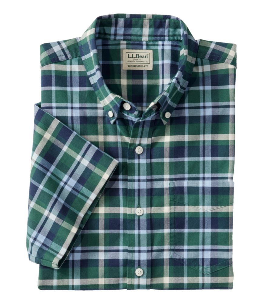 Men's Comfort Stretch Oxford, Traditional Untucked Fit, Short-Sleeve, Plaid, Deep Green, small image number 1