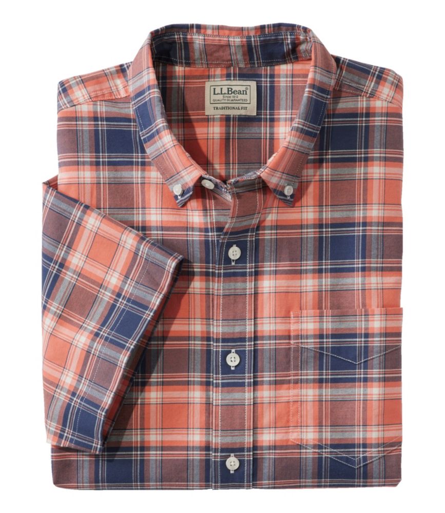 Men's Comfort Stretch Oxford, Traditional Untucked Fit, Short-Sleeve, Plaid, Faded Orange, small image number 1