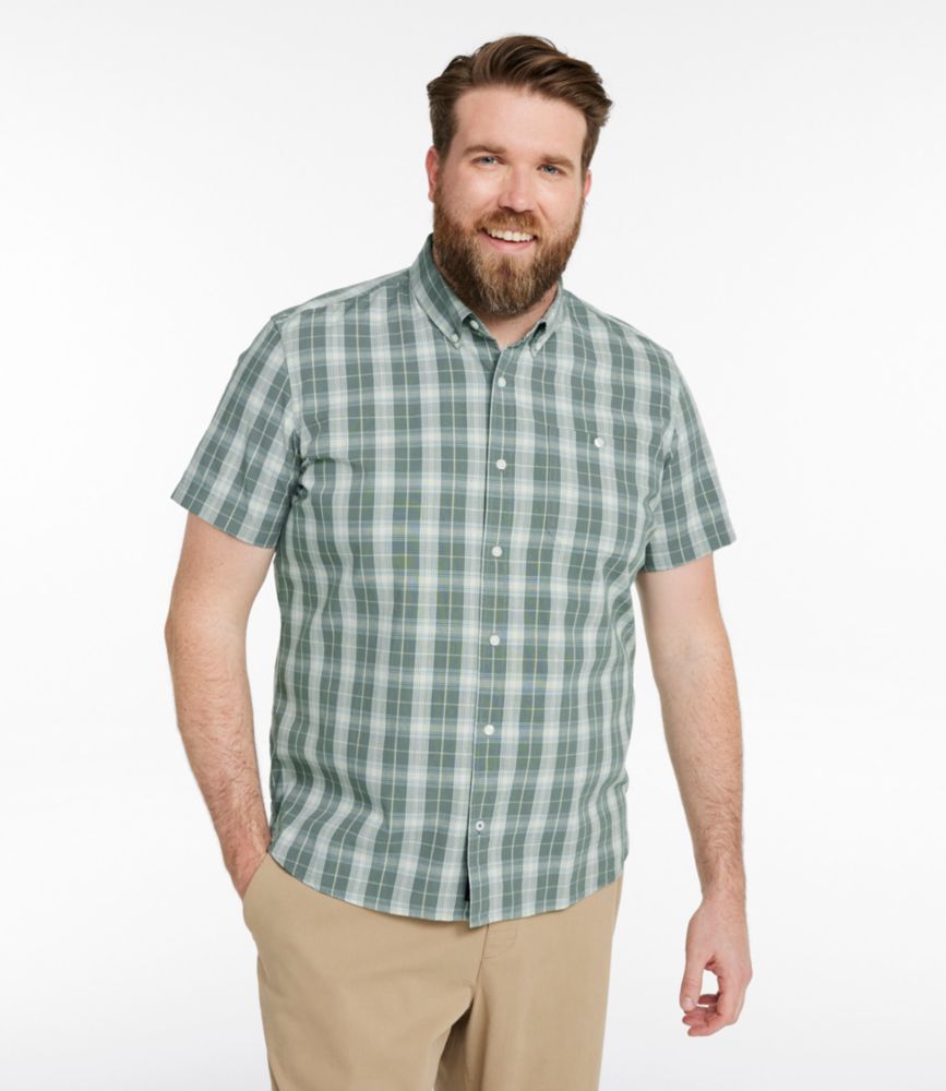 Men's Comfort Stretch® Chambray Shirt, Slightly Fitted Untucked Fit, Short-Sleeve, Plaid, Sea Green, small image number 4