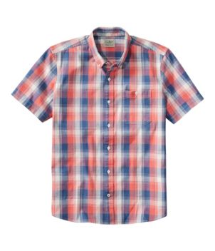 Men's Comfort Stretch Chambray Shirt, Slightly Fitted Untucked Fit, Short-Sleeve, Plaid