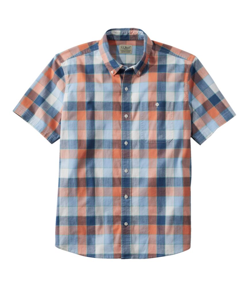 Men's Comfort Stretch Chambray Shirt, Slightly Fitted Untucked Fit, Short-Sleeve, Plaid, Faded Orange, small image number 1