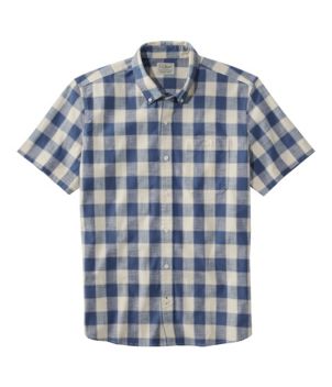 Men's Comfort Stretch® Chambray Shirt, Slightly Fitted Untucked Fit, Short-Sleeve, Plaid