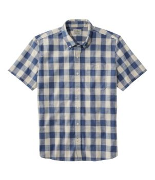 Men's Comfort Stretch Chambray Shirt, Slightly Fitted Untucked Fit, Short-Sleeve, Plaid