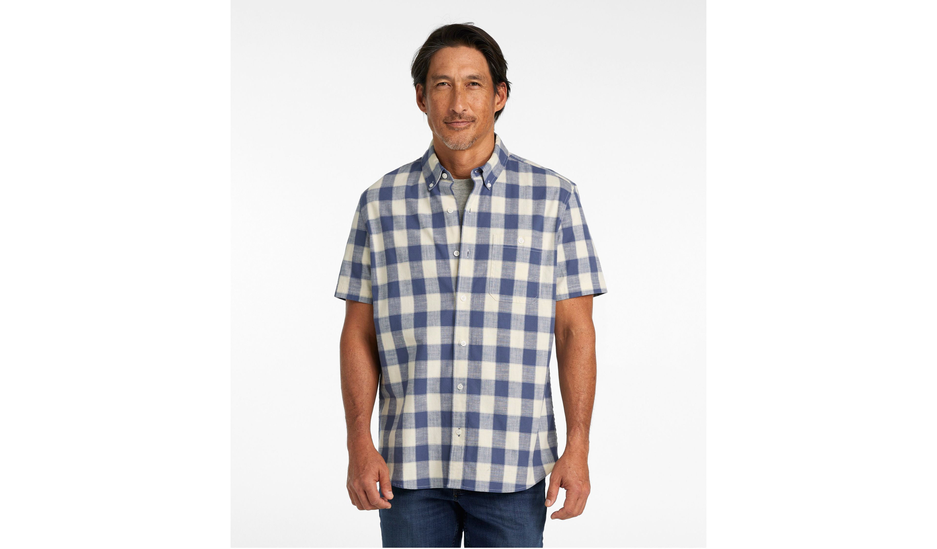Men's Comfort Stretch® Chambray Shirt, Slightly Fitted, Short-Sleeve, Plaid