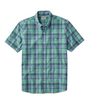 Men's Comfort Stretch Chambray Shirt, Slightly Fitted Untucked Fit, Short-Sleeve, Plaid