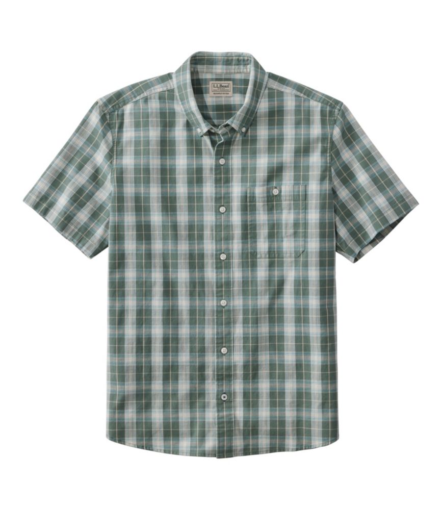 Men's Comfort Stretch Chambray Shirt, Slightly Fitted Untucked Fit, Short-Sleeve, Plaid