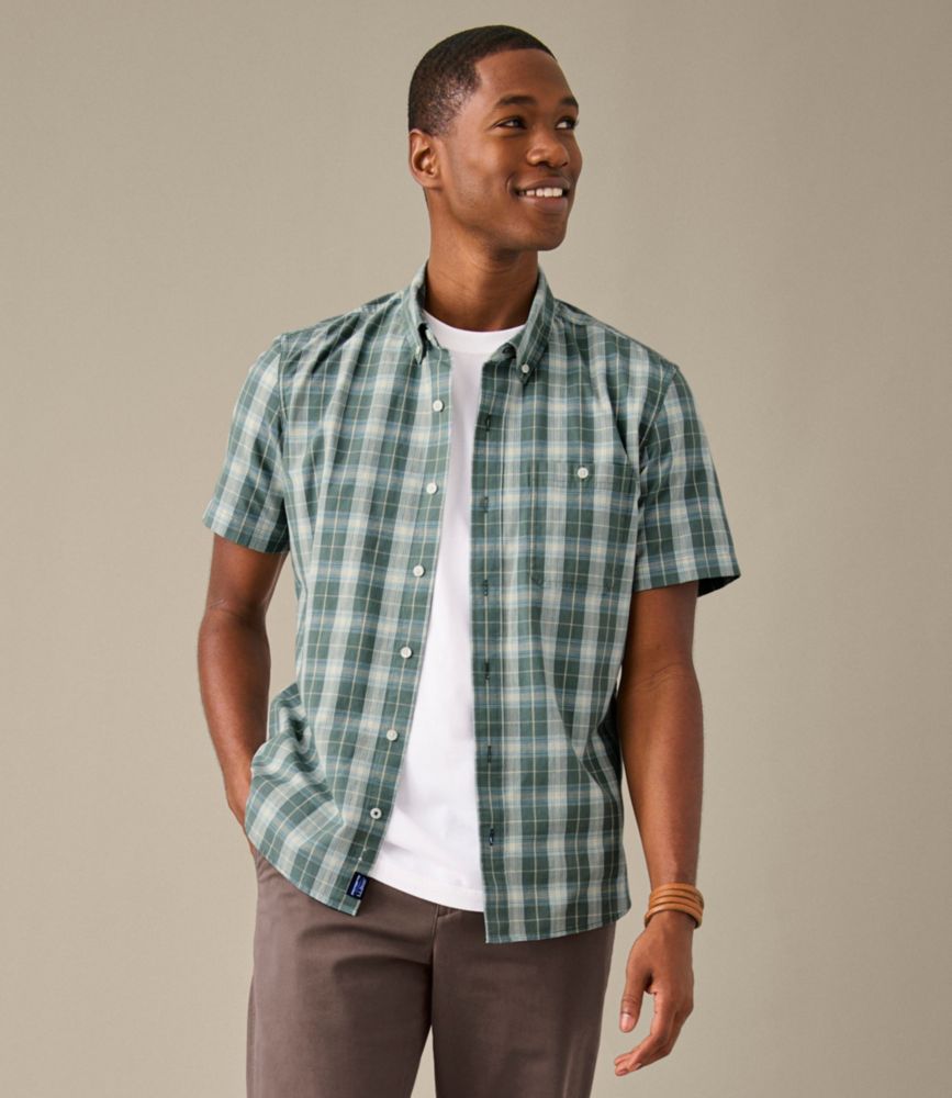 Men's Comfort Stretch® Chambray Shirt, Slightly Fitted Untucked Fit,  Short-Sleeve, Plaid