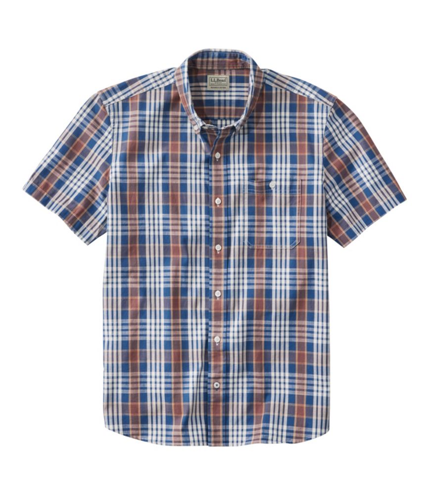 Men's Comfort Stretch Chambray Shirt, Slightly Fitted Untucked Fit, Short-Sleeve, Plaid, Bright Mariner, small image number 1