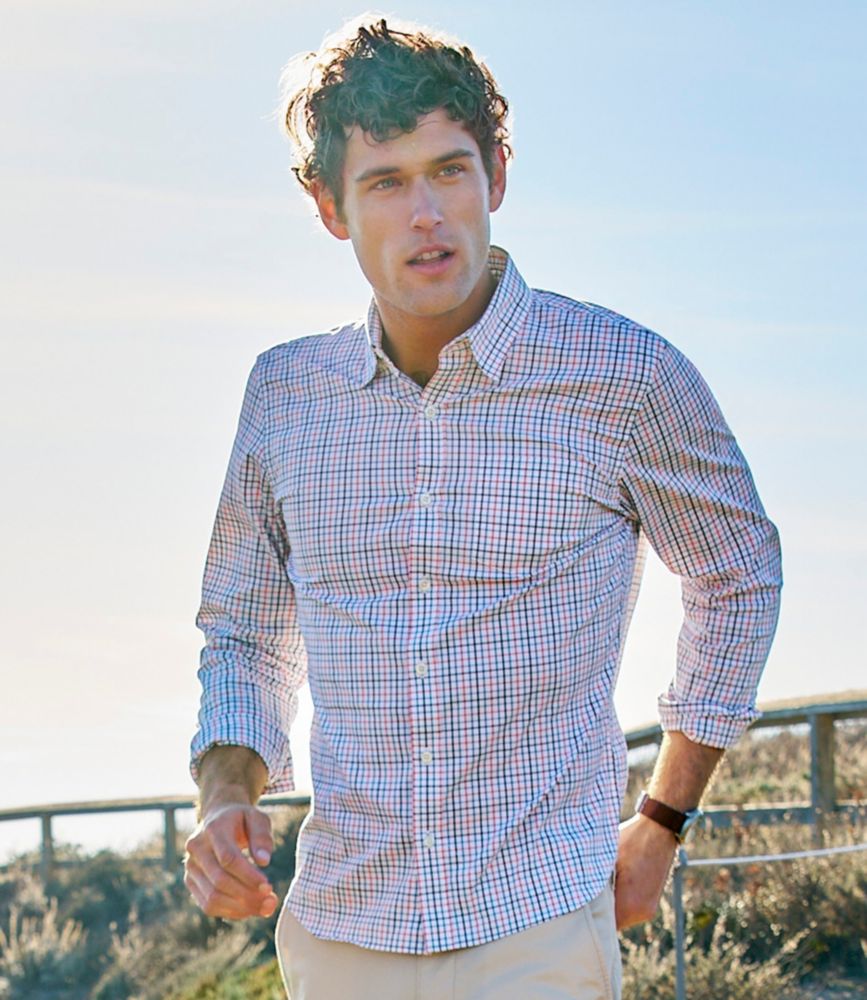 Men's Comfort Stretch Performance® Shirt, Long-Sleeve, Slightly Fitted Untucked Fit, Plaid, Cayenne/Faded Orange, small image number 10