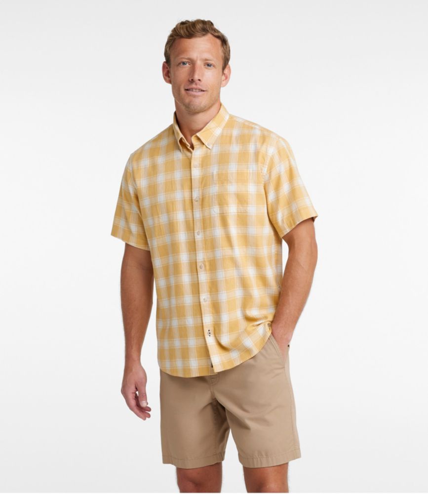 Men's Backyard BBQ Shirt, Short-Sleeve, Traditional Untucked Fit, Plaid, Light Gold, small image number 2