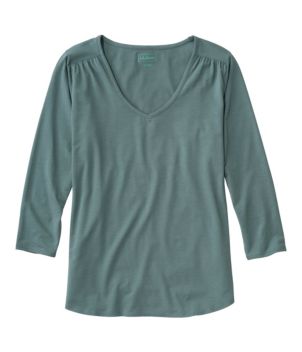 Women's Soft Stretch Supima-Blend Tee, Three-Quarter-Sleeve V-Neck