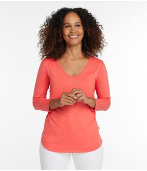 Women's Soft Stretch Supima-Blend Tee, Three-Quarter-Sleeve V-Neck
