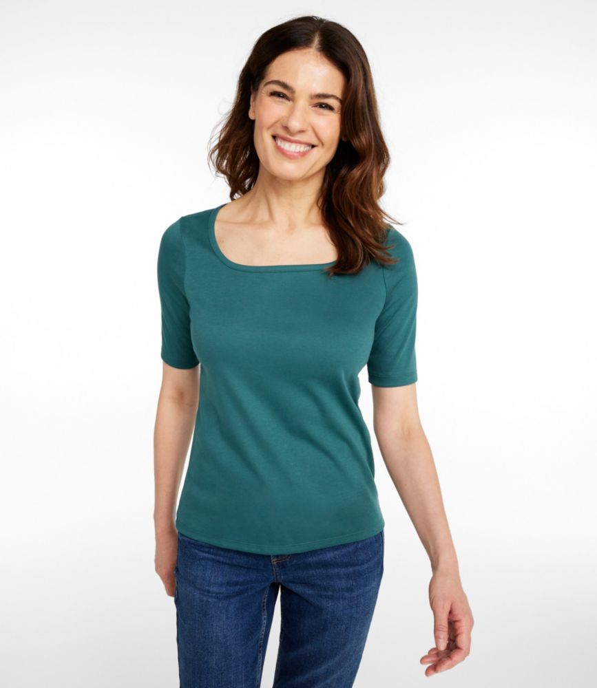 Women's Pima Cotton Tee, Soft Squareneck Elbow-Sleeve