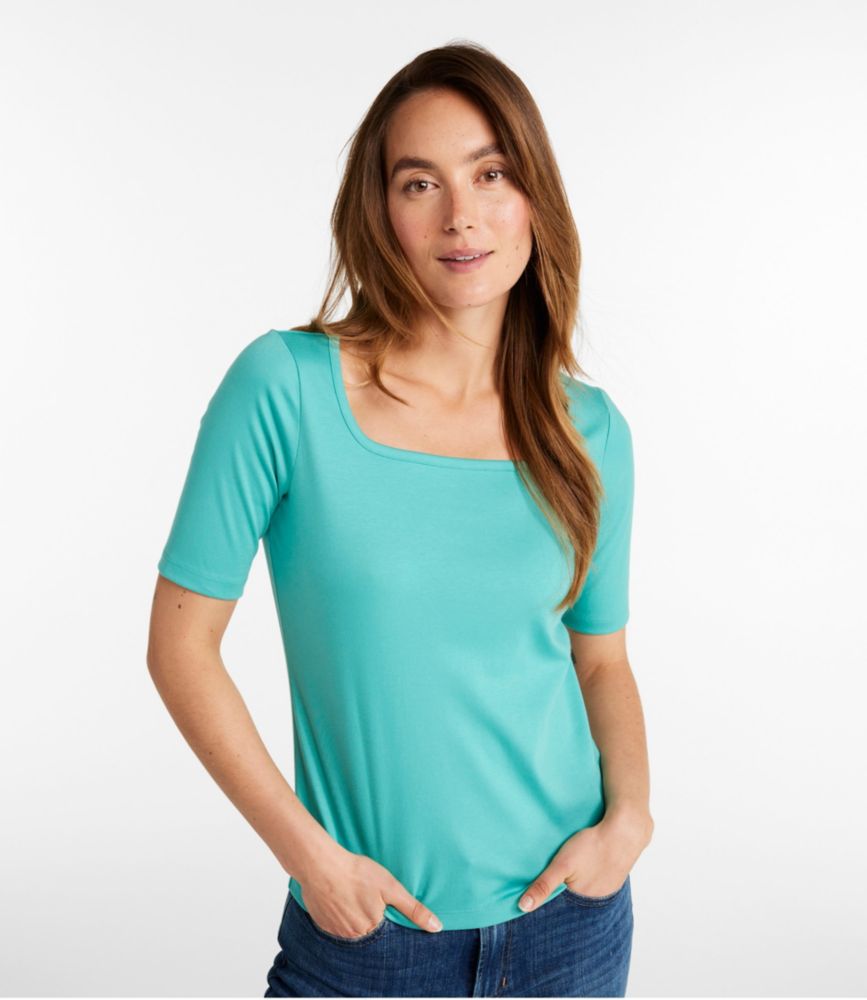 Women's Pima Cotton Tee, Soft Squareneck Elbow-Sleeve