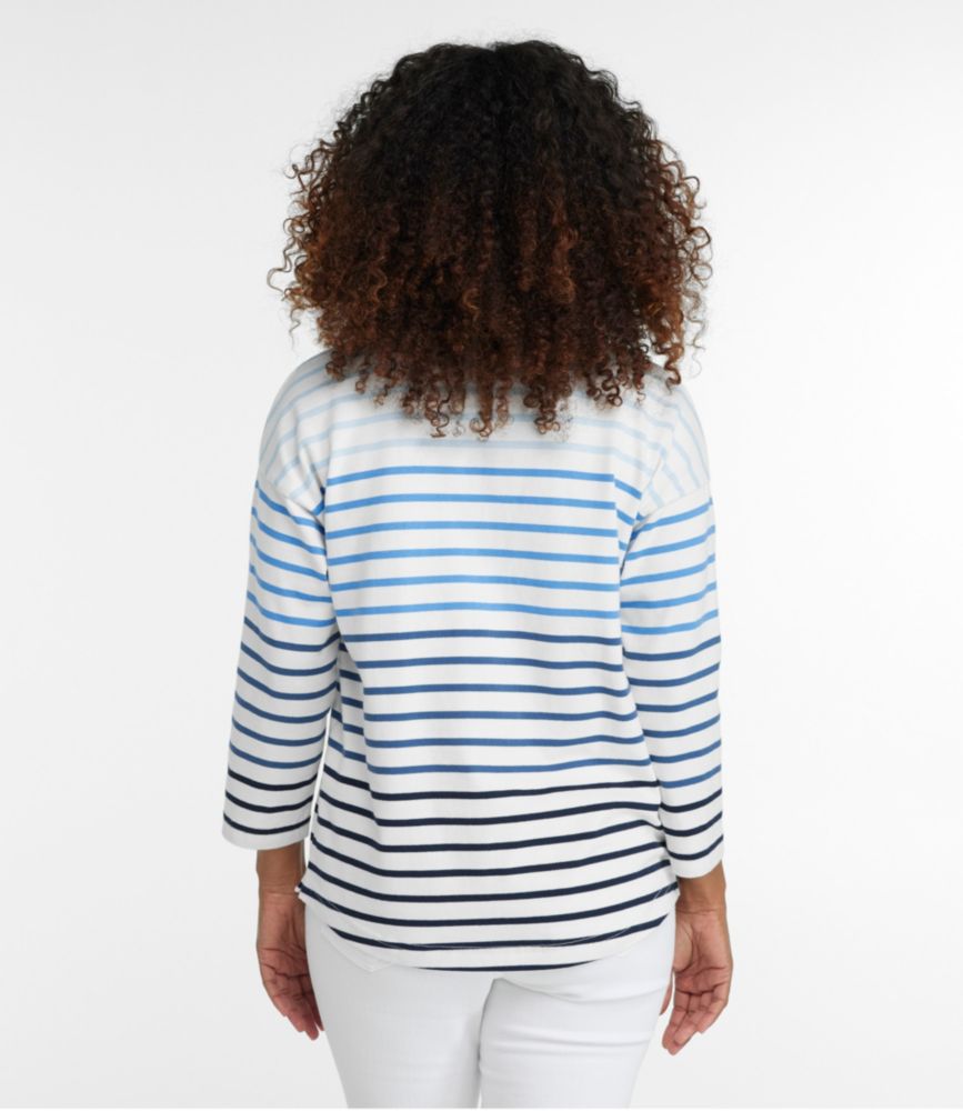 Women's Heritage Mariner Top, Splitneck Polo Three-Quarter-Sleeve Stripe, Lemon/Sea Salt, small image number 3