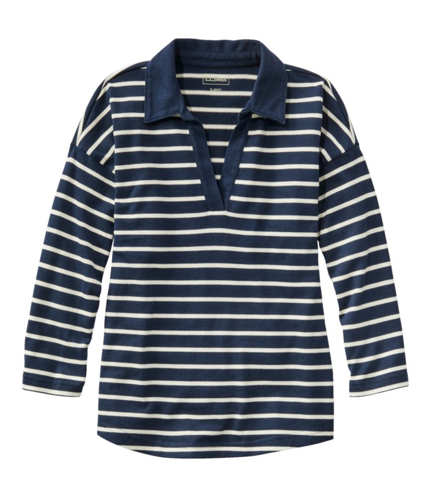 Women's Heritage Mariner Top, Splitneck Polo Three-Quarter-Sleeve Stripe, Classic Navy/Sailcloth, small image number 1