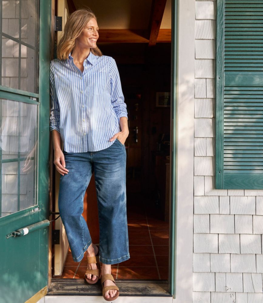 Women's Essential Cotton Poplin Shirt, Long-Sleeve, Arctic Blue Stripe, small image number 9